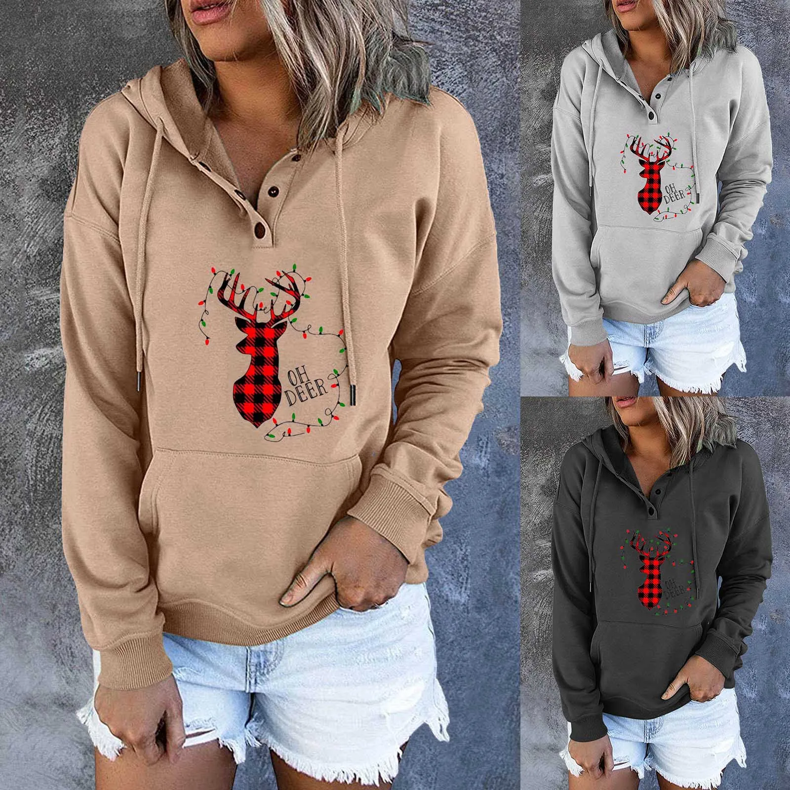 

Ladies Christmas Pocket Drawstring Button Long-Sleeves Printed Blouse Plain Sweatshirt with Pockets Extra Long Sweatshirt