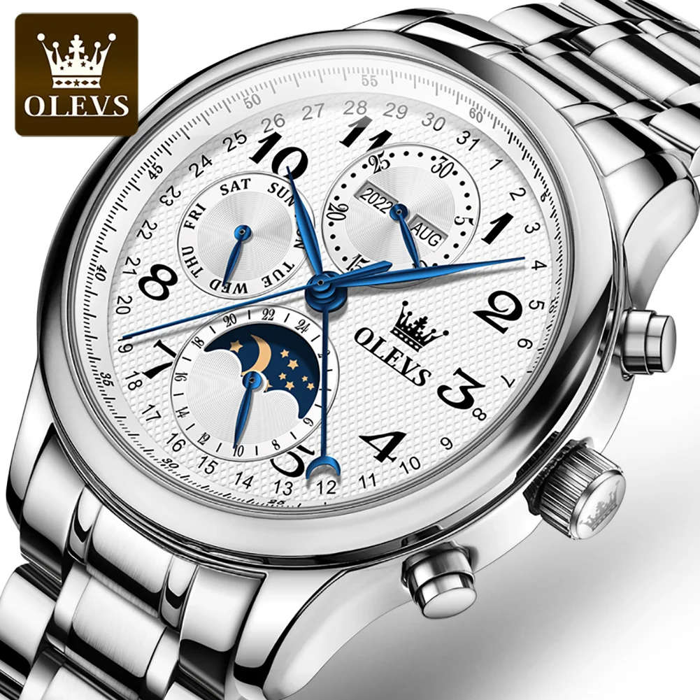 

OLEVS Three Dial Moon Phase Stainless Steel Men Mechanical Automatic Wrist Watches Top Brand Luxury Military Sport Male Clock