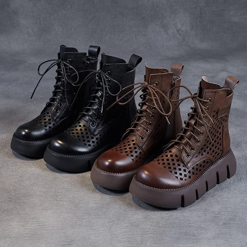 Cowhide muffin bottom retro hollowed-out Martin boots women's thin short boots 2023 new spring and summer heel shoes cool boots