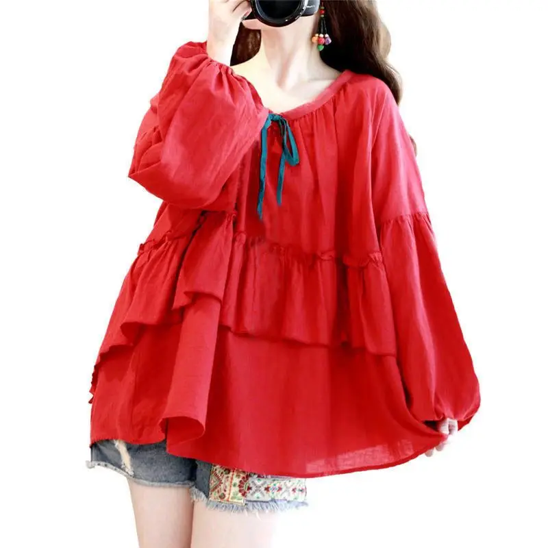 

Women Loose Sweet Ruffles Lantern Sleeve Boho Beach Holiday ShirtTop