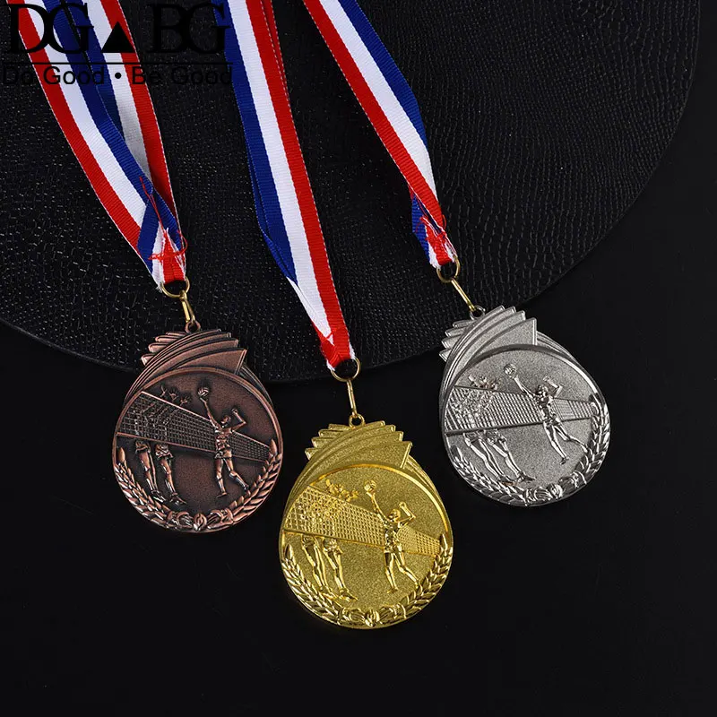 Volleyball Gold Medal with Red White Blue Neck Ribbon Award Trophy Gift Prize Silver Various Souvenir School Sports Customized