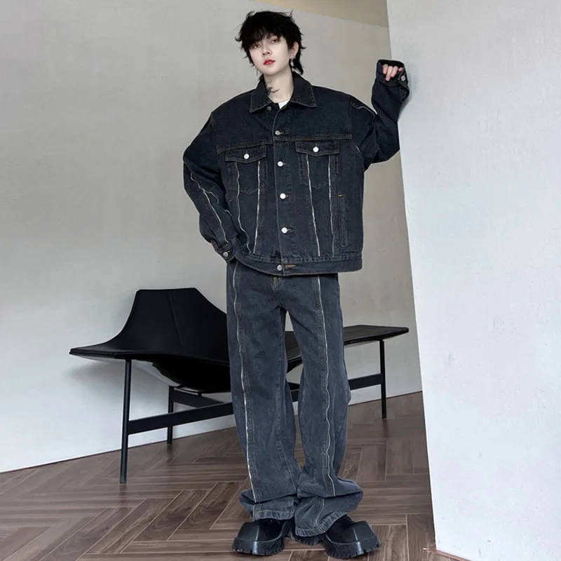 

Джинсовый костюм SYUHGFA мужской из двух предметов, однотонный пиджак из джинсовой ткани, мешковатые штаны, на молнии, свободный спортивный костюм в Корейском стиле