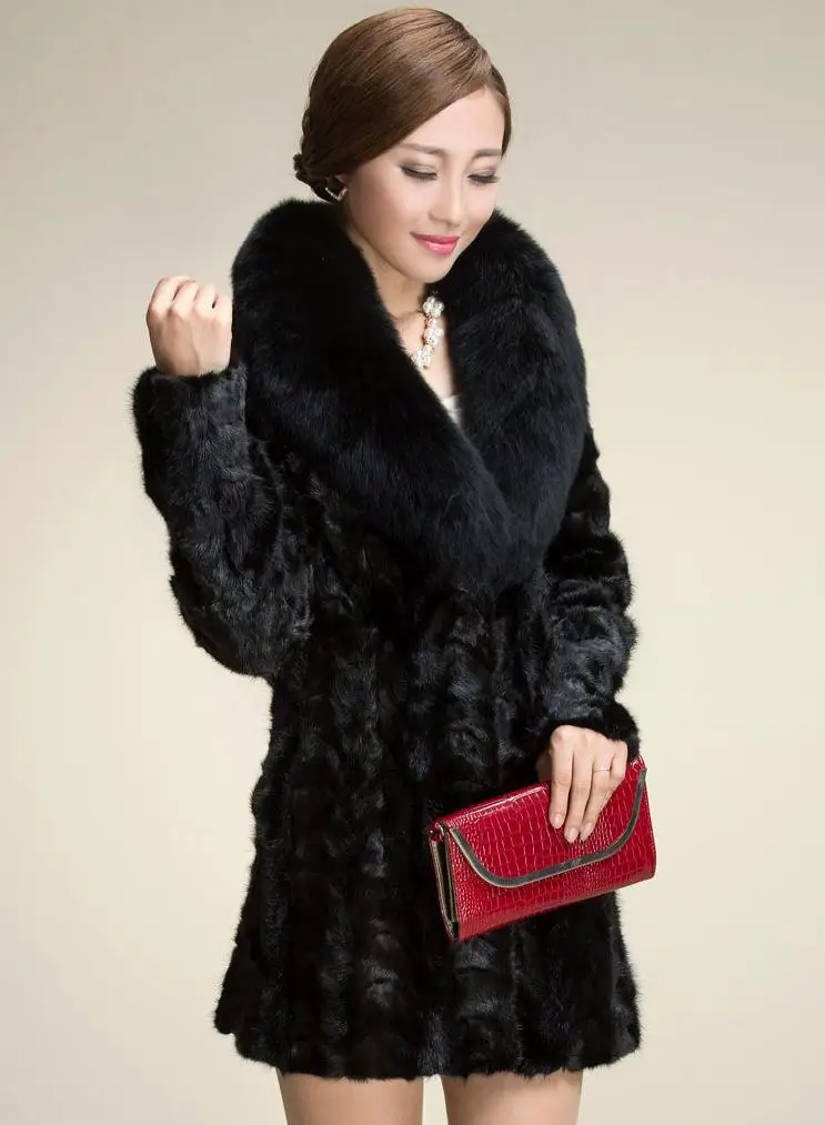 Women's Leather Fur Coat Fashionable Warm Faux Fur Coat Mid-Length Imitated Mink Mosaic Leather Fur Coat Faux Fur Coat