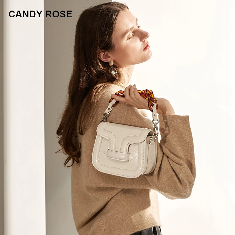 

CandyRose Brand Designer Bag 2022New Ladies Crossbody Saddle Bag Fashion Alligator Leather Handbag Luxury Agate Chain Clutch Bag