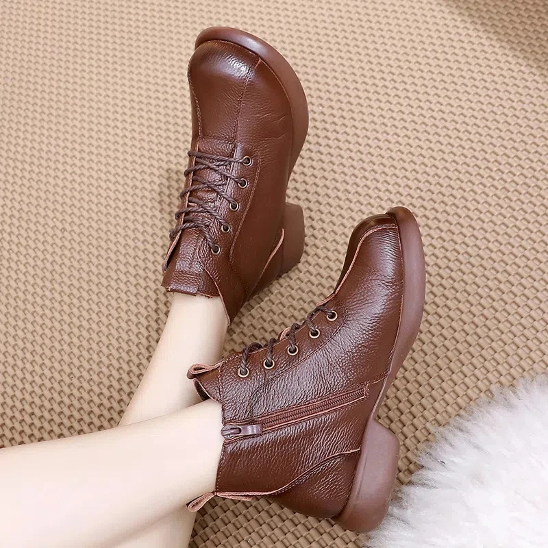 2022 New Women Retro Autumn Winter Shoes Boots Genuine Leather Zip Round Toe Handmade Concise Leisure Flat Mom Dance Boots