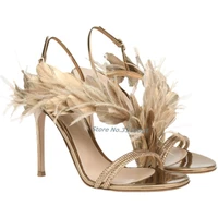 feather thin strap crystal sexy stiletto sandals nude solid color open toe buckle strap thin heel bling party t stage shoes