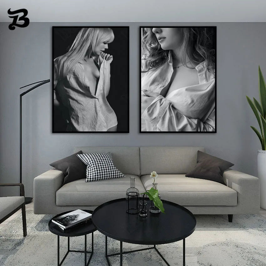 

Canvas Painting Sexy Woman Black and White Women's Shirts Tattoo Woman Wall Art Pictures Figure Painting for Living Room Decor