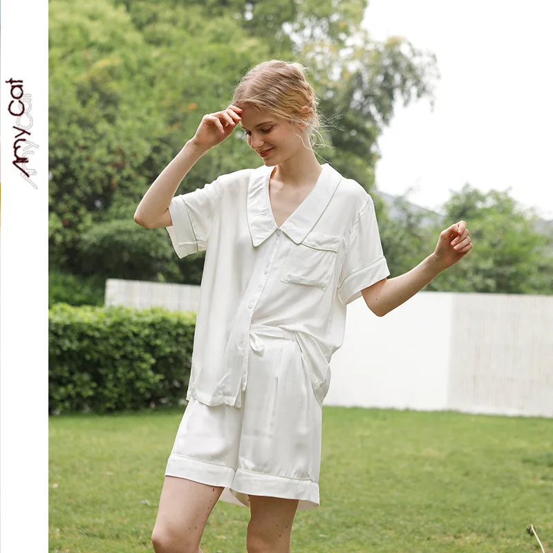 Kawaii Pajamas Sleepwear Women Summer Set Cotton Solid Short-sleeved Top Shorts Pointed Collar Two-piece Suit Women's Pijama