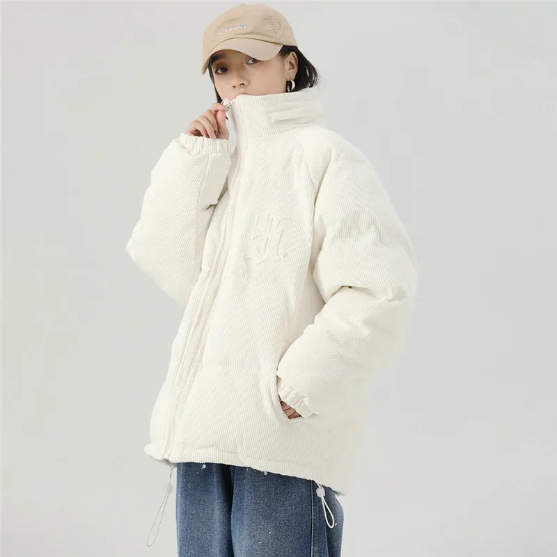 Rainbowtouches Gray White Corduroy Couple Parkas Down Jackets Winter Warm Thicken Coat Harajuku Solid Color Japanese Jacket Mens