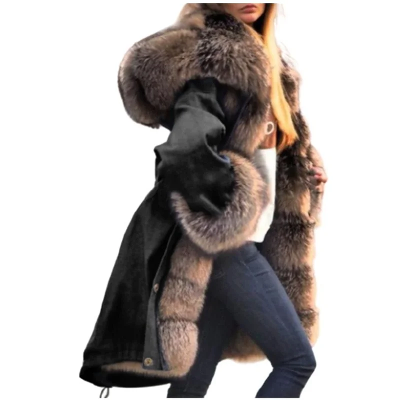 New Winter Long Coat for Women Big Fur Collar Solid Long Temperament Thickened Coat Hooded Single Breasted Fur Coat Women