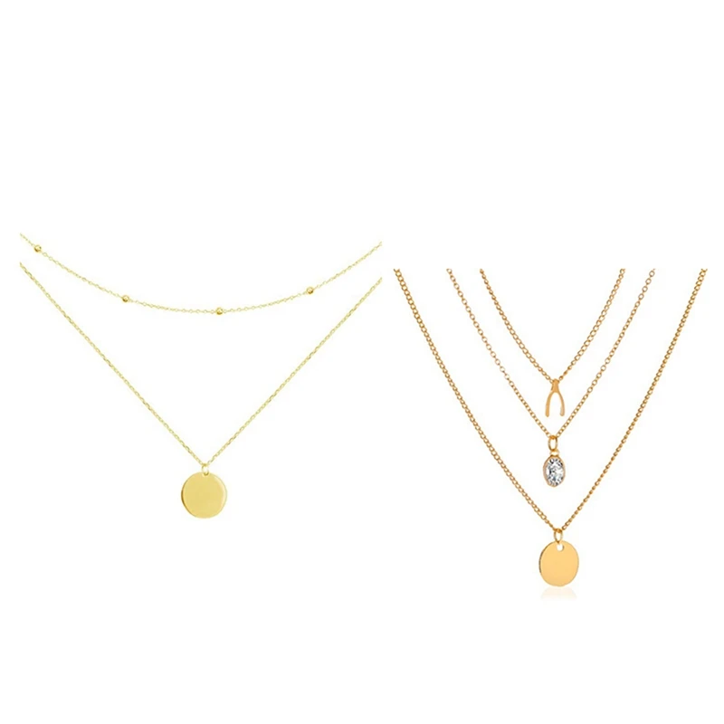 

2PCS Layered Disc Pendant, Moon Coin Double Layer with Three Layer Necklace New Zircon Disc Multilayer Necklace
