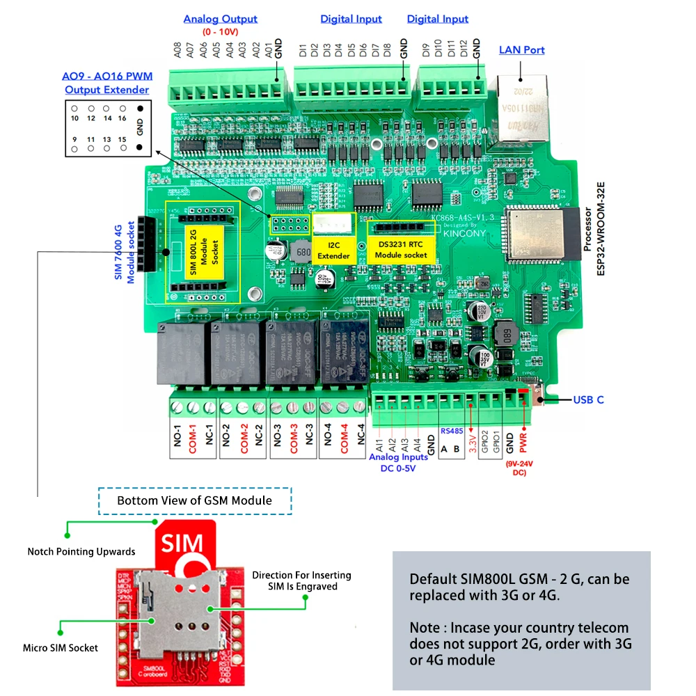 Фото KC868-A4S с интегрированным ESP32, поддерживает Ethernet и Wi-Fi связь, 12 цифровых входов и 8 аналоговых выходов 0-10В. №2