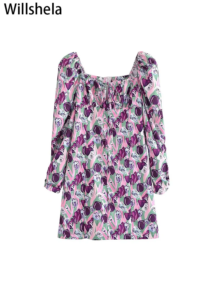 

Женское винтажное мини-платье Willshela, с цветочным принтом, на молнии сзади, с длинными рукавами и квадратным воротником