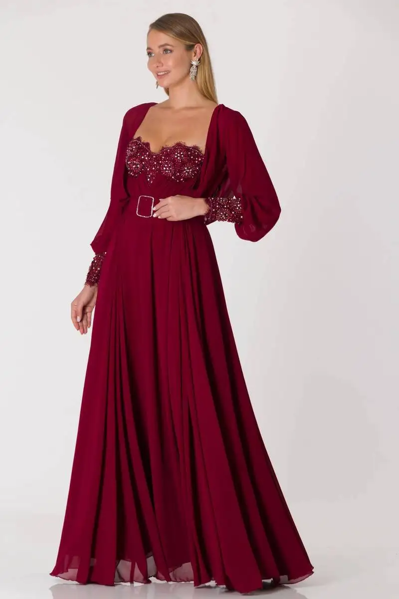 

Women's Chest Detailed Chiffon Evening Dress Burgundy