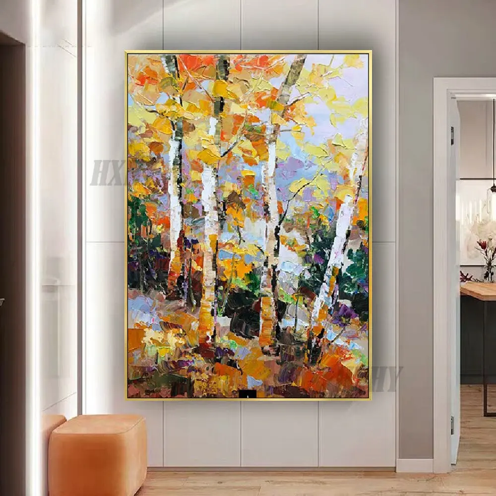

Home Aesthetic Wall Decor Paintings Abstract Handmade Oil Painting Modern Yellow Forest Canvas Art Hanging Mural Customization