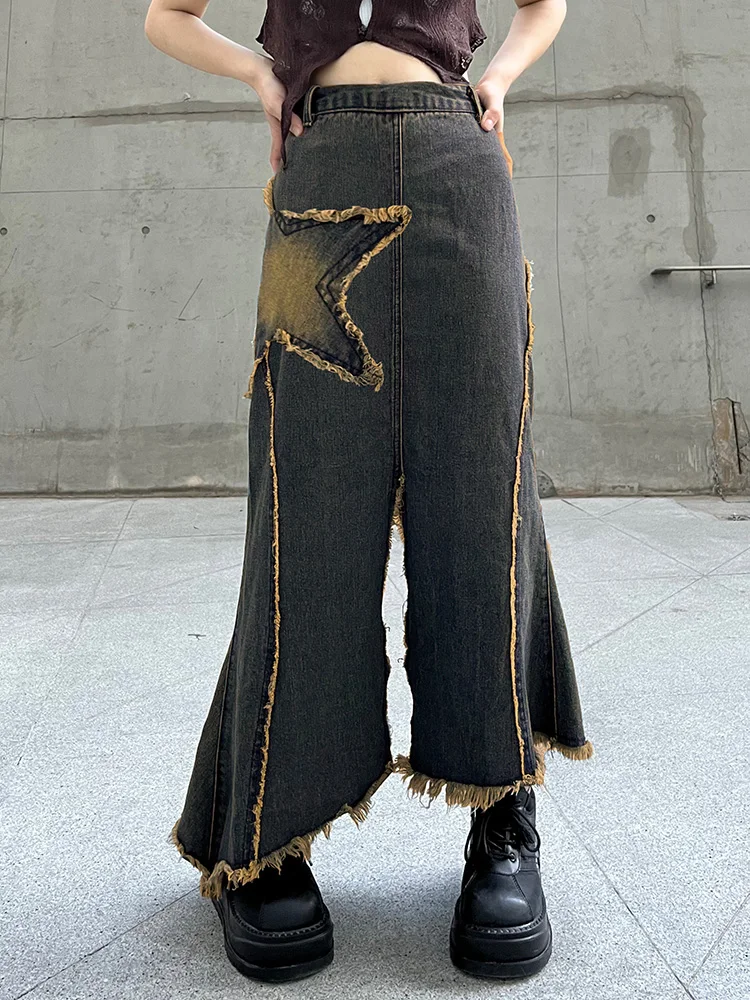 

WeiYao Ripped Star Pattern Vintage Grunge Midi Skirts Womens Aesthetic Y2K Clothes Low Waist Split Denim Trumpet/Mermaid Skirt