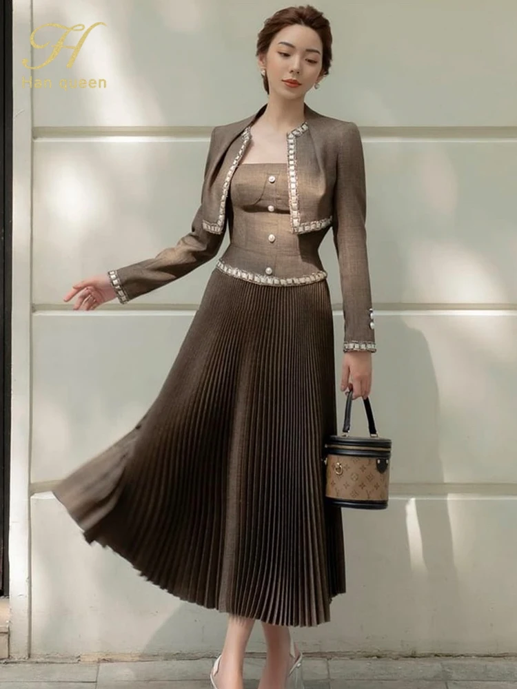 

Женское плиссированное платье H Han Queen, повседневное офисное платье в Корейском стиле из 2 предметов, Осень-зима 2022