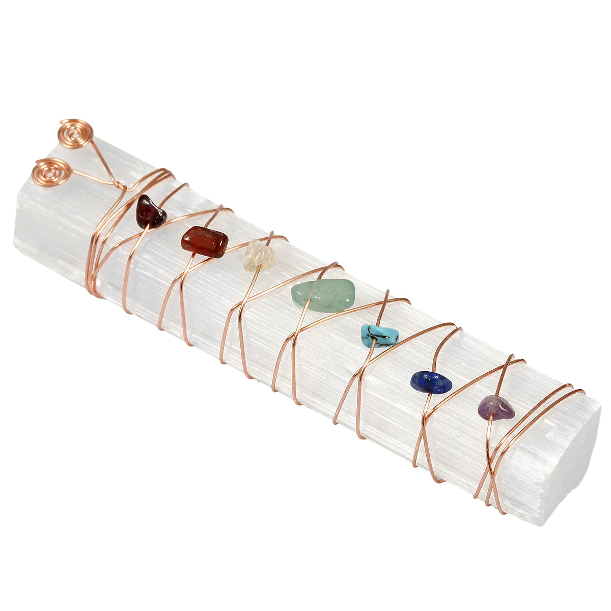 

Натуральная селенитная палочка, украшенная проволокой, 7 чакр, кристалл камни лечебные зеркальные для чакры, балансировка, украшение для ко...