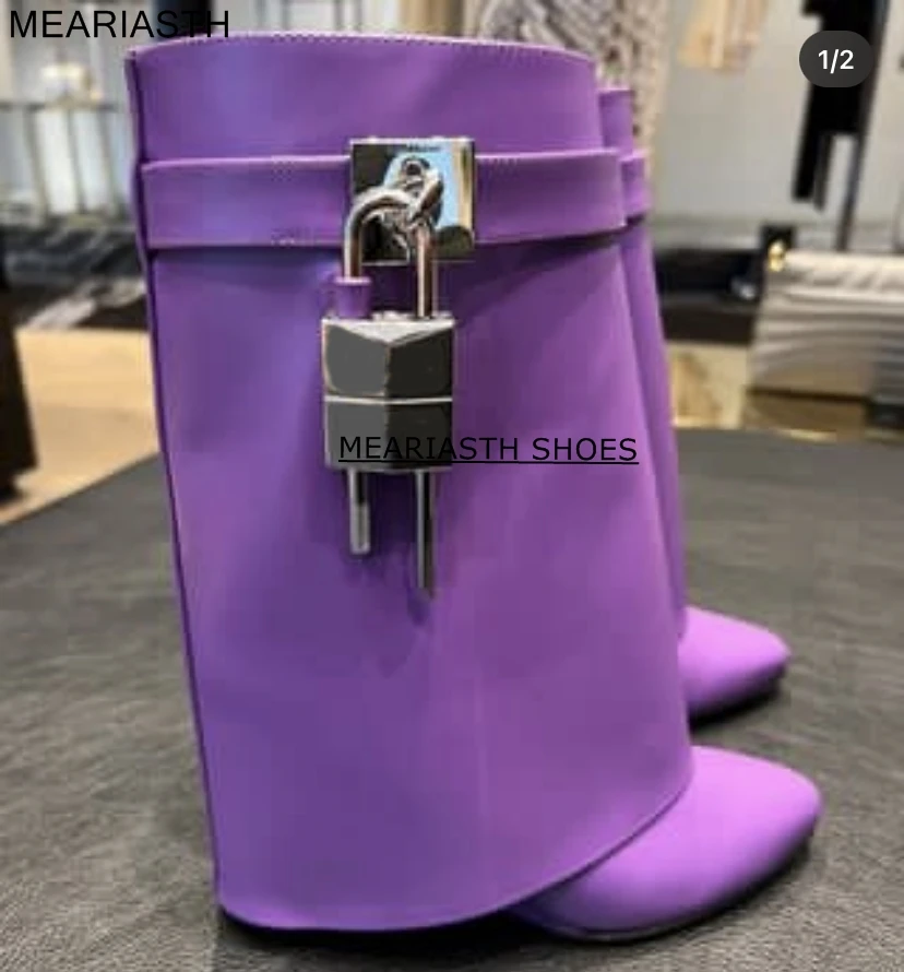 Shark Lock Pant Boots Women Wedge Boots Purple Fold Over Knee High Heel Mid-Calf Bootie Padlock Female Botas Mujer Shoes Lady