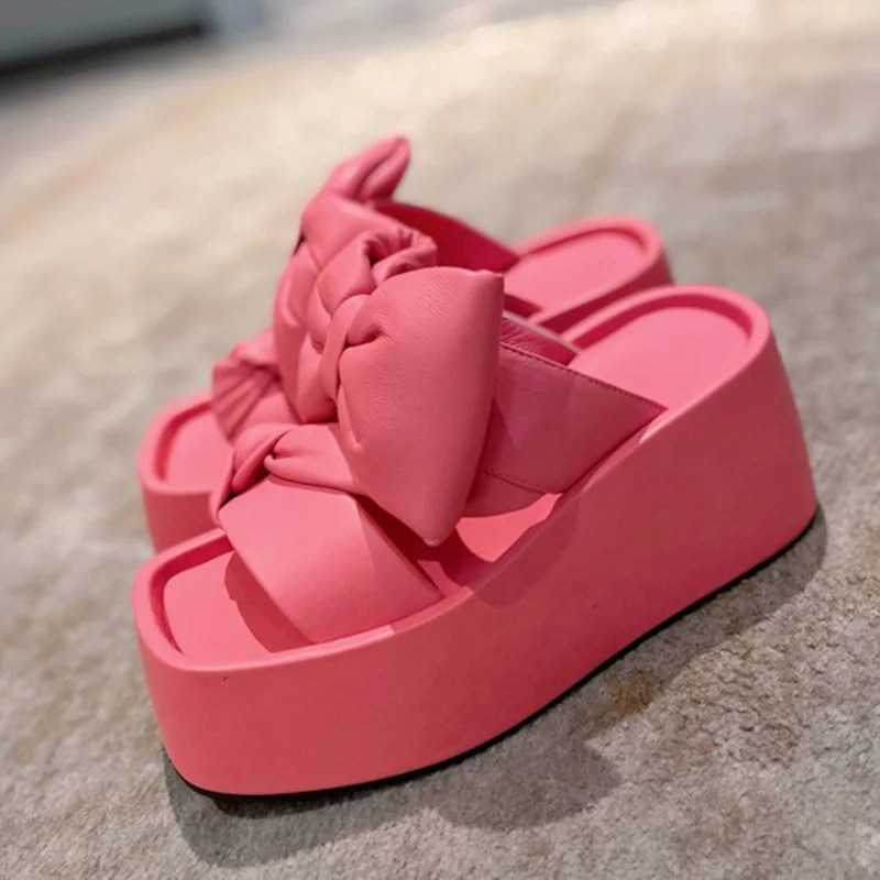 

2022 Summer New Fashion Genuine Leather Butterfly-Knot Platform Women's Slippers Comfortable Leisure Increase Fairy Shoes