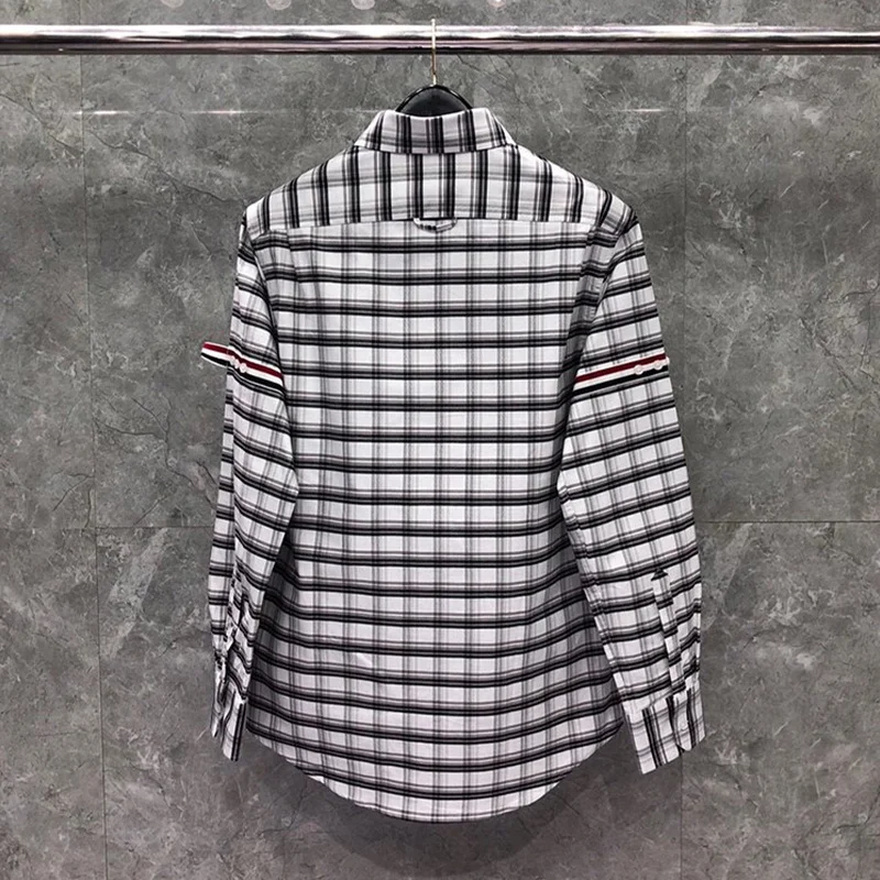 TB THOM Shirt Top Fashion Brand Gray Plaid Ribbon Armband Stripes Slim Fit Casual Men's Clothing Fine Cotton Long Sleeve W