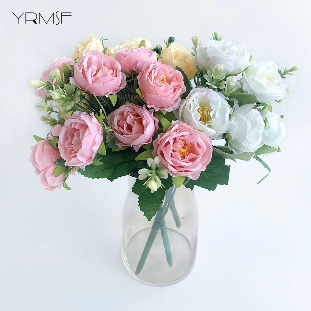 Искусственные цветы 10 бутонов пионов розовые и белые шелковые розы букет невесты