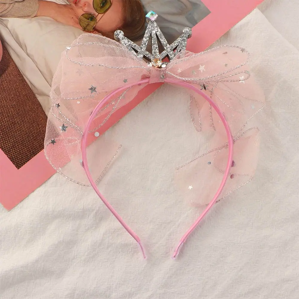 

Princess Shining Diamond Bow Children Girl Crown Head Hoop Yarn Bow Headband Mesh