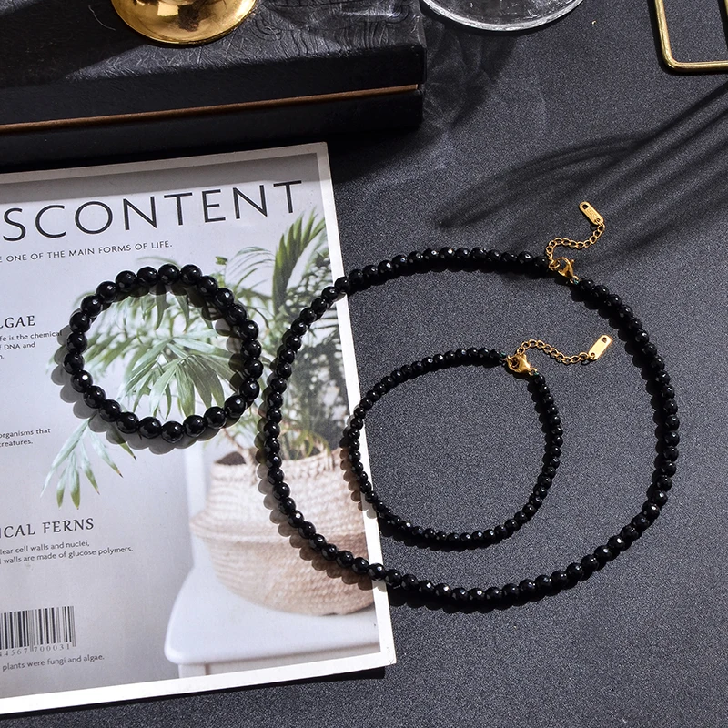 

Faceted Black Onyx Beaded Choker Necklace Anklet Set Summer Beach Women's Jewelry Gift with Stainless Steel Lobster Clasp