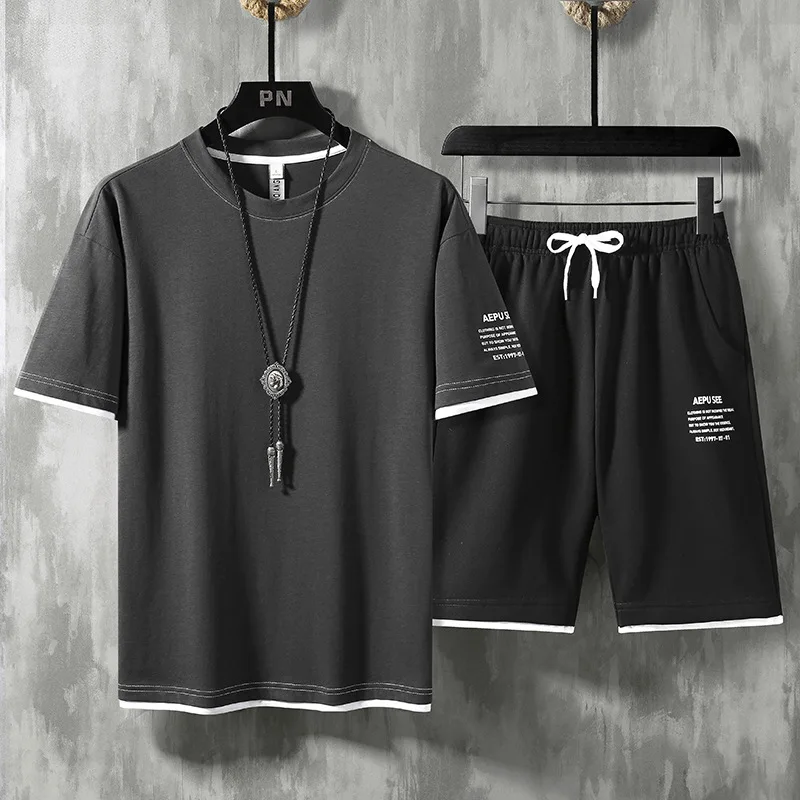

Summer new youth trend suit men's short sleeved T-shirt Korean two-piece suit casual and versatile sportswear