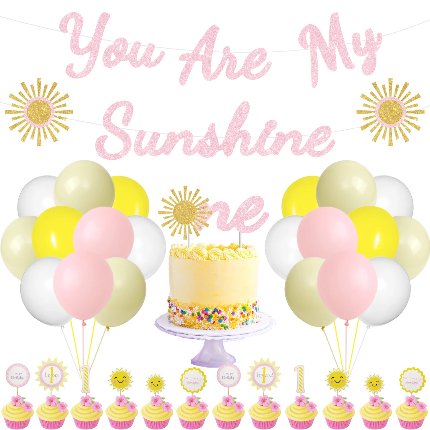 

Funmemoir You Are My Sunshine 1st Birthday Decorations Boho Sun Balloons Banner One Cake Topper for Girls First Birthday Party