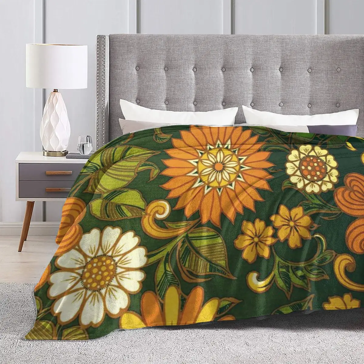 Ультрамягкое Флисовое одеяло с зеленым и оранжевым узором 70-х