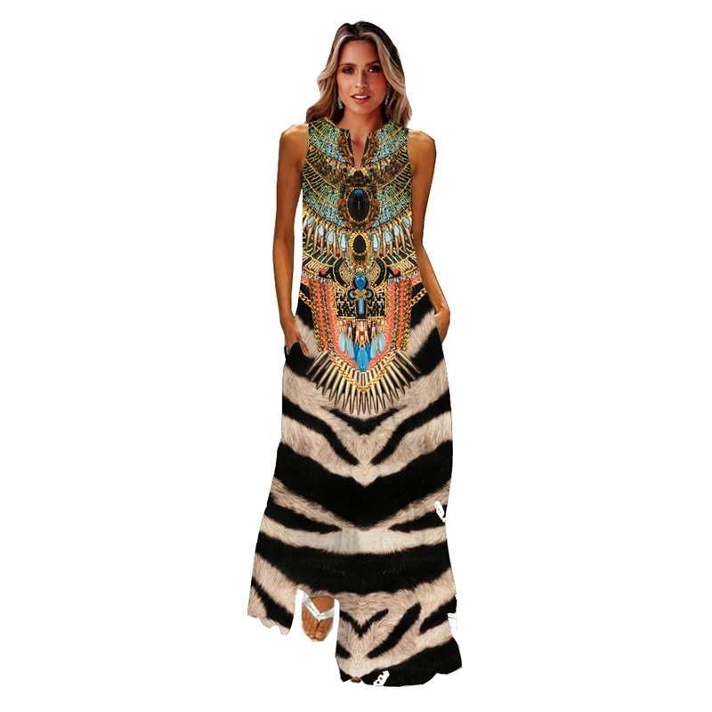 

MOVOKAKA Ladies Spring Summer Long Dress Women Sleeveless V-neck Casual Elegant Dresses Party Tiger Printing Vintage Dress Beach
