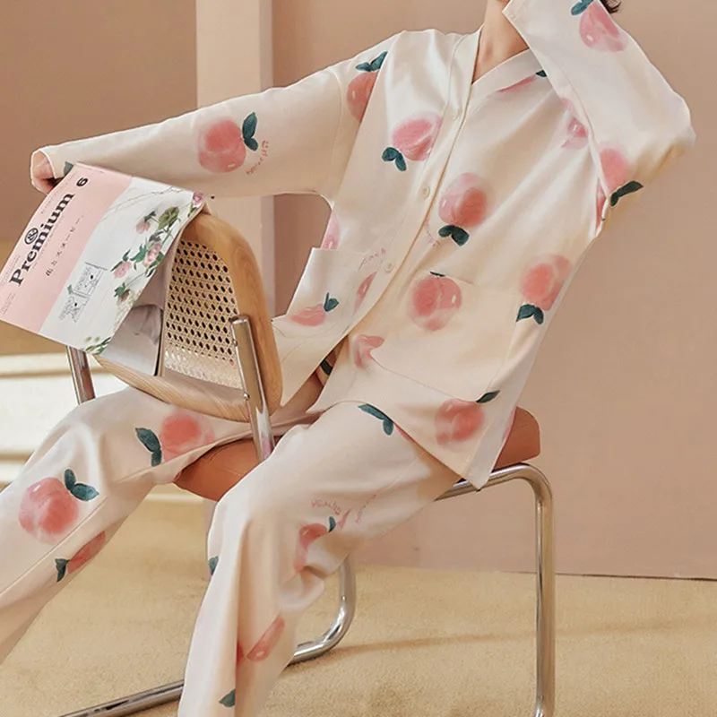 Yasuk Spring Autumn Fashion Women's Casual Lovely Print Cotton Pocket Sleepwear Homewear Cute Pajamas Set With Pants Peach Sweet