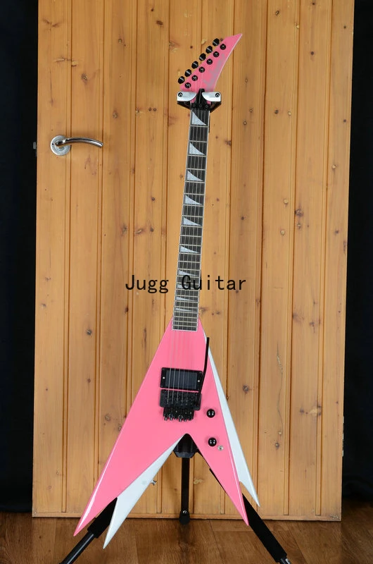 

Jack Vinnie Vincent Flying V Double V Pink White Electric Guitar,Floyd Rose Tremolo, Shark Fin Inlay,EMG Pickup, Black Hardware