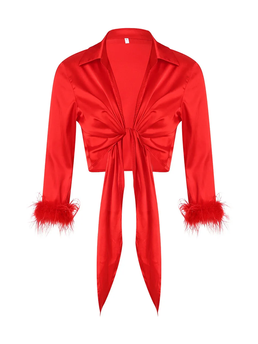 

Женская рубашка Caoirhny с рукавом 3, 4, отложным воротником, пушистыми манжетами и завязками спереди, блузка