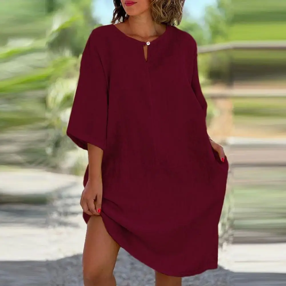 

Women Dress Stylish Vintage Knee-length Dress with Half Sleeves V-neck Pockets Breathable Soft Summer Midi Dress for Women Women