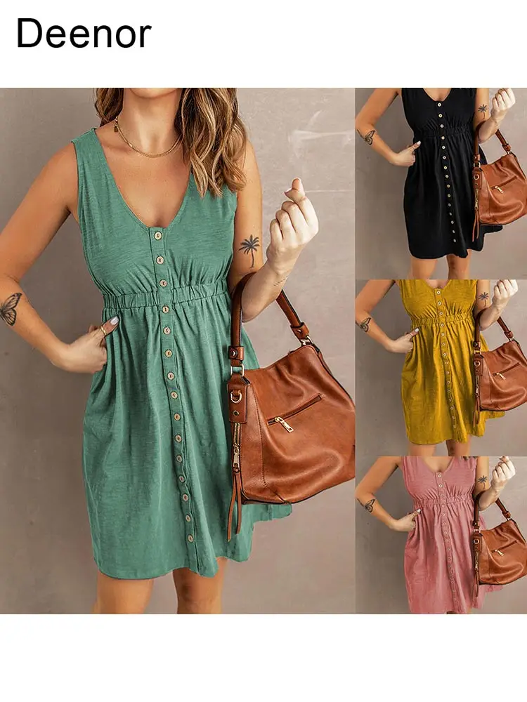 

Deenor Summer New Pure Color Short Skirt Sexy off Shoulder Waist Sleeveless Dress V Neck Mini Dress for Women Leisure Dress