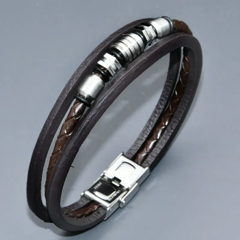 

Оптовая продажа 20 шт Роскошные мужские ювелирные изделия коричневый кофейный цвет натуральная кожа шнур из нержавеющей стали многорядные браслеты