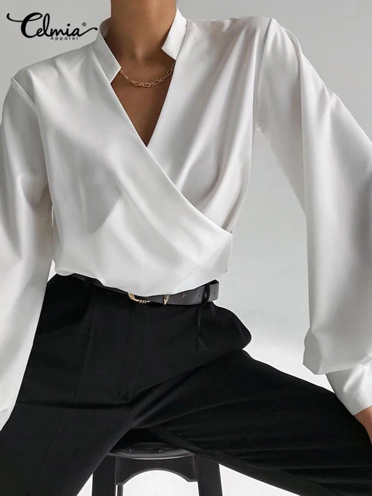 Фото Женская Асимметричная блузка Celmia с V-образным вырезом модная однотонная