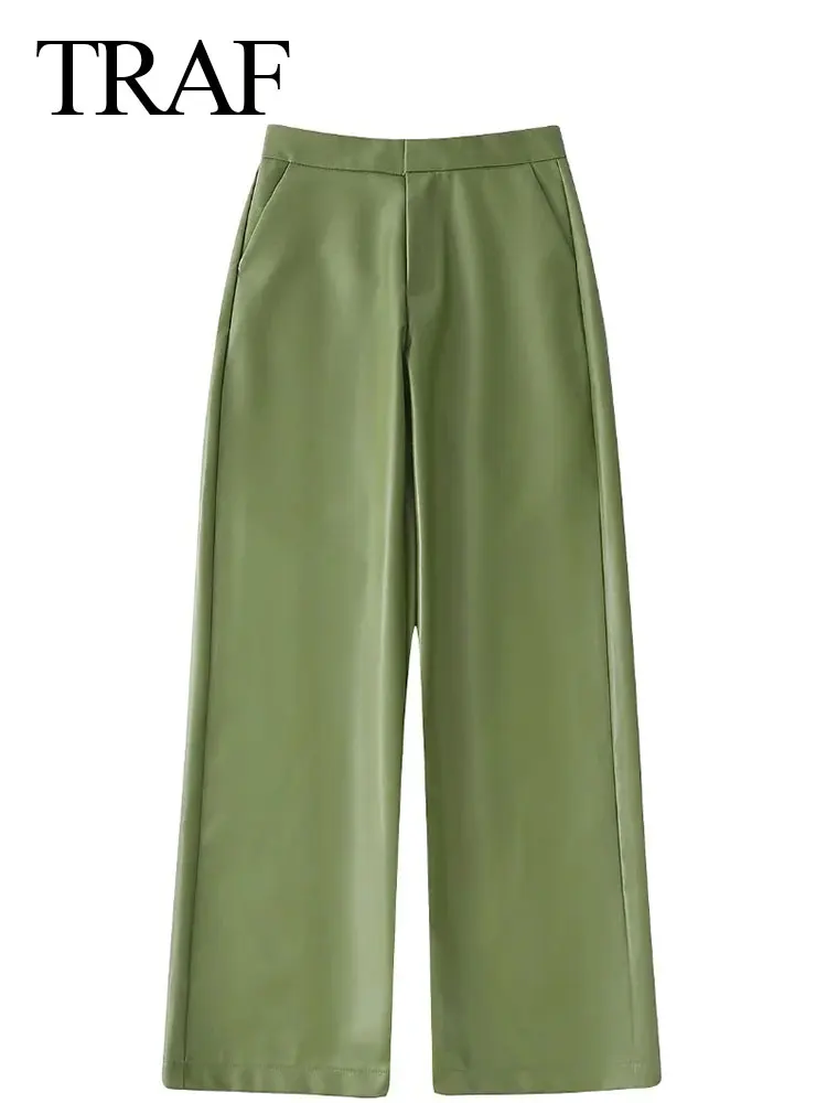 

TRAF Olive Green Fashion Urban Versatile Straight Ladies Wide Leg Pants Soft Leather Flat Waist Women's Clothing Trousers