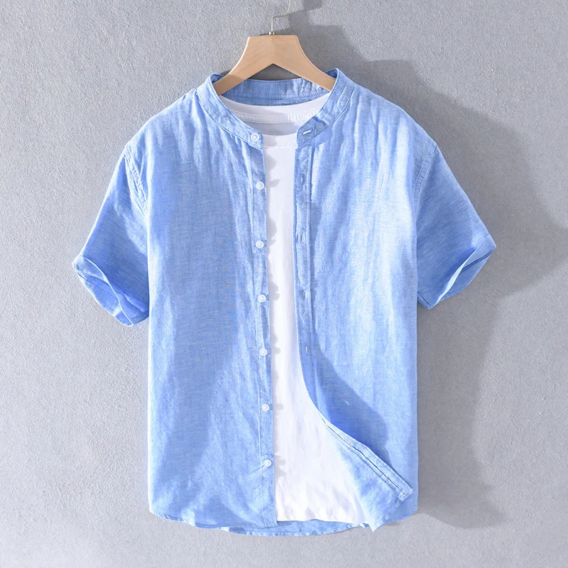 

Мужская летняя рубашка из хлопка и льна с короткими рукавами, молодежная Повседневная рубашка с воротником-стойкой и короткими рукавами, ок...