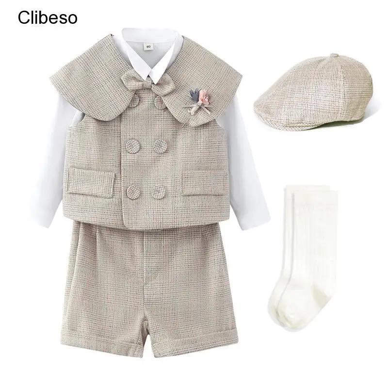

2023 Clibeso Boy Child Wedding Suit Birthday Party Suits for Elegant Boys Toddlers Design England Style Clothes Set with Beret