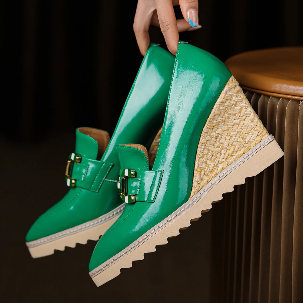 2022 New Fashion Women Leather Slip On Pumps Ladies Pointed Toe Patform Shoes Girls Wedges Shoes High Heel Loafers Black Green