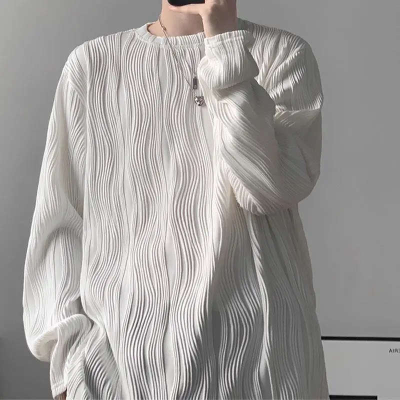 

Harajuku T Shirt for Men Fold Solid Color O-Neck Loose Long Sleeve Men Clothing Spring and Autumn Korean Fashion T Shirt Hip Hop