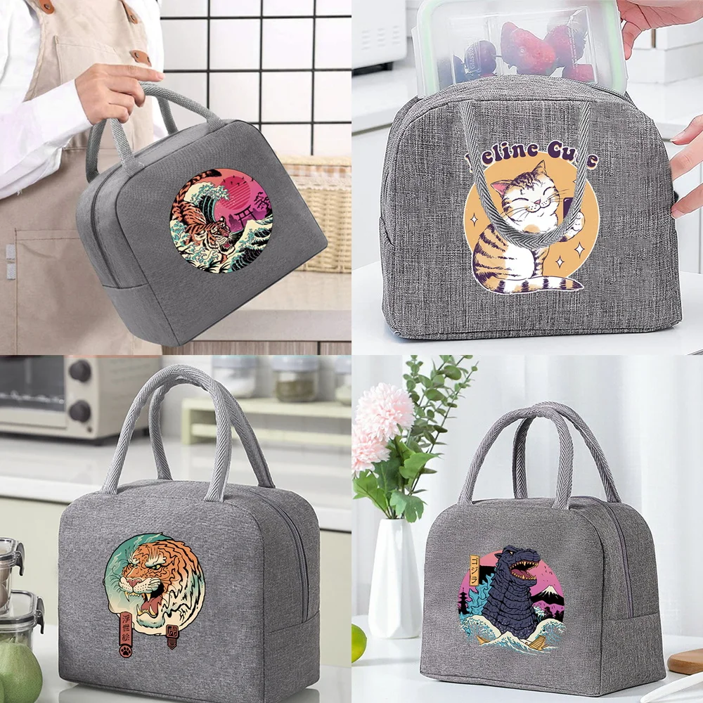 

Lunch Bag for Women Kids Portable Insulated Cooler Bag Thermal Food Picnic Lunch Box Ice Pack Tote Pouch Grey Japan Cat Pattern