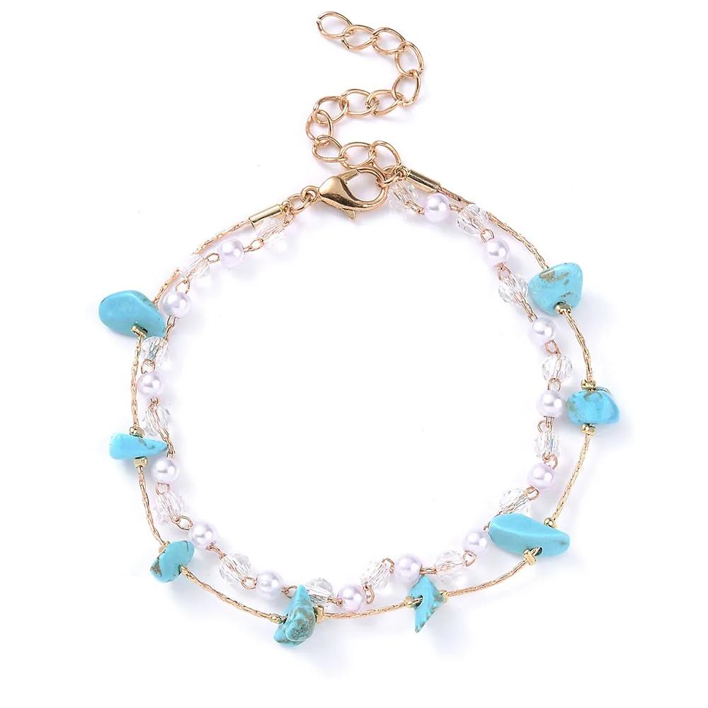 Женский минималистичный браслет с двойной цепочкой бирюзовый жемчужными