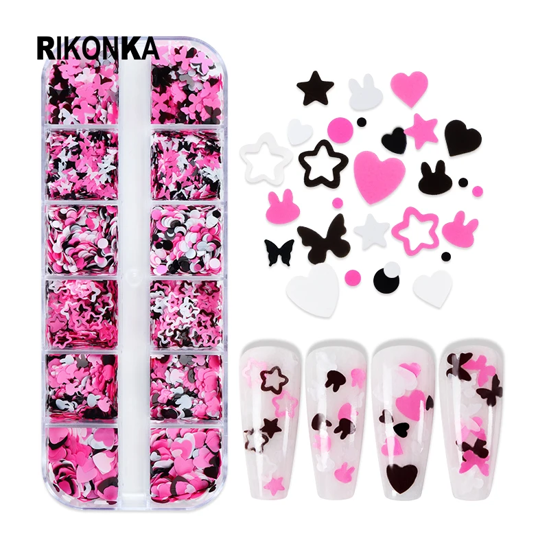 

3D Black Pink Heart Lovely Rabbit Nail Art Sequins Kit Butterfly Star Glitter Flakes Parts Nail Accessories DIY Charms Manicure