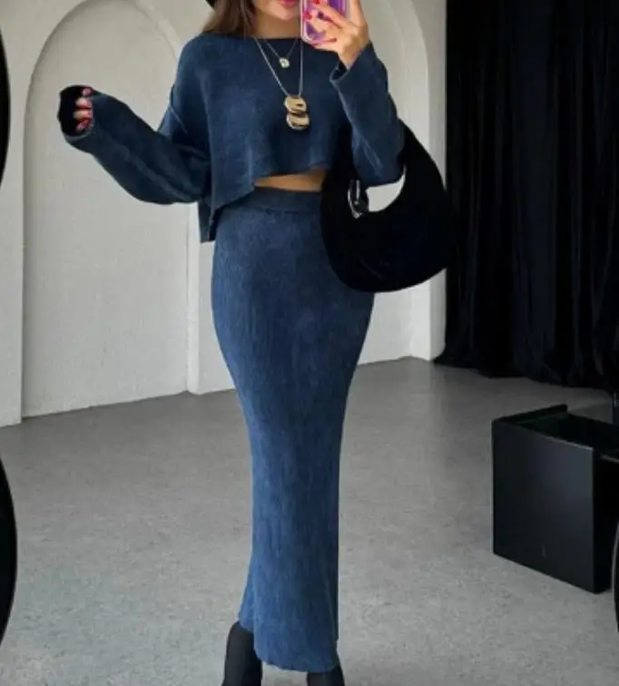 Женская Осенняя одежда модный топ с коротким рукавом и юбка высокой талией