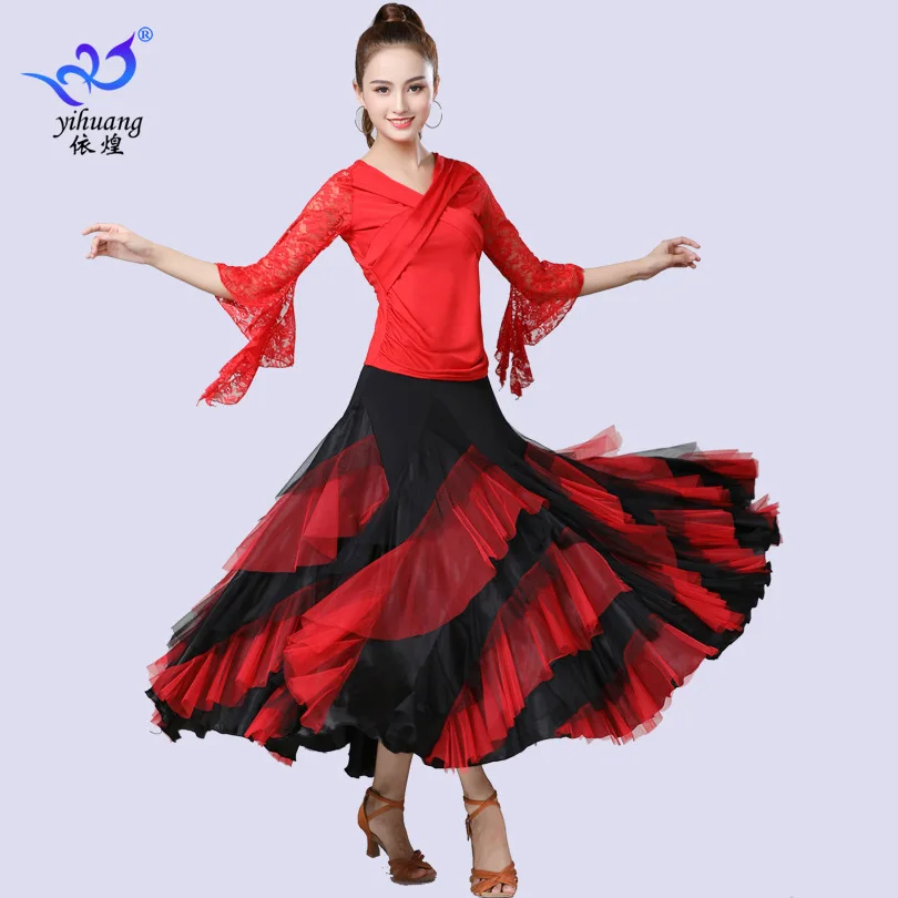 

1set/lot woman ballroom dancing costumes female lace sleeve top and long mesh skirt female waltz dancing costumes