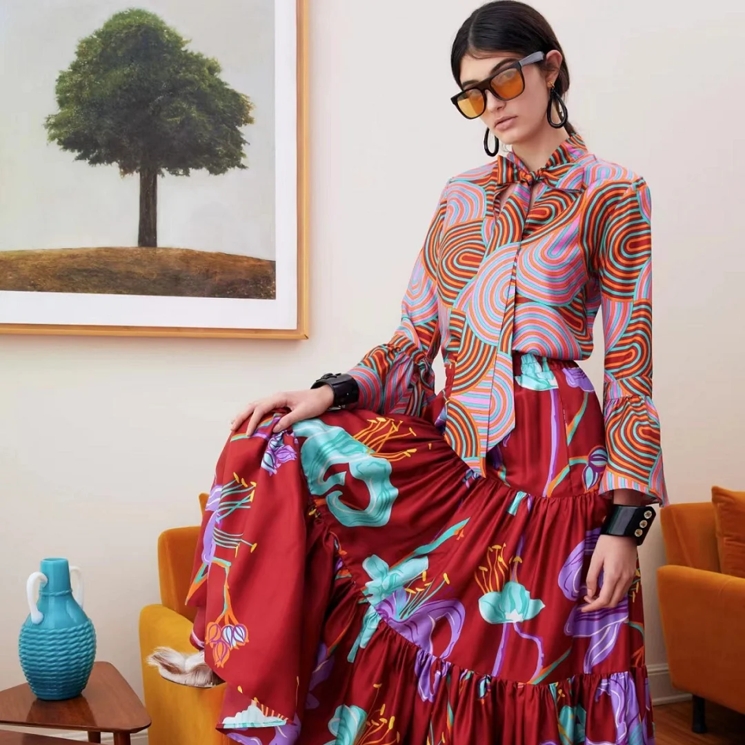 

Semi Transparent Frill Ruffle Crystal Button Midi Women Dress New 2022 Autumn Top Quality Pure Silk Purple Blue Floral Clothing
